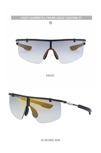 Detail of light gunmetal sports sunglasses with gold coating and streamlined shield frame