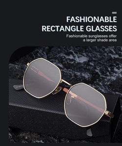 Macro detail of metal temples and CE certification on geometric square sunglasses