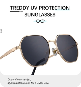 Detail view of gold metal sunglasses frame with dark lenses and sleek temple design