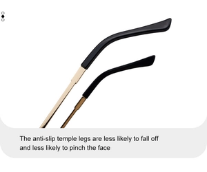 Detail of gold metal temples with black anti-slip tips for square frame sunglasses