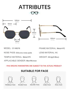 Detailed size chart for square frame sunglasses with metal temples and product dimensions