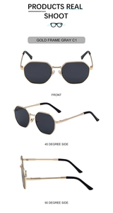 Three views of square metal sunglasses with gold frames and gray lenses shown from various angles