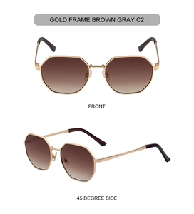 Front and 45-degree angle detail of gold metal square sunglasses with brown gradient lenses