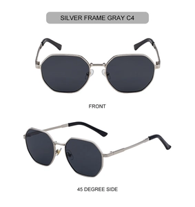 Square frame sunglasses with silver metal temples and gray lenses in dual view