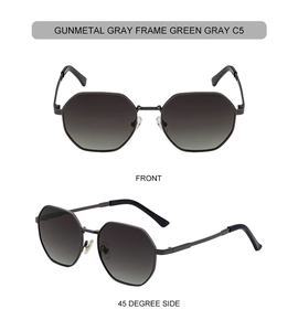 Close-up of gunmetal gray square sunglasses with hex frames and green-gray gradient lenses
