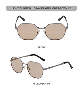 Macro detail of octagonal light gunmetal gray frames with light brown lenses and metal temples