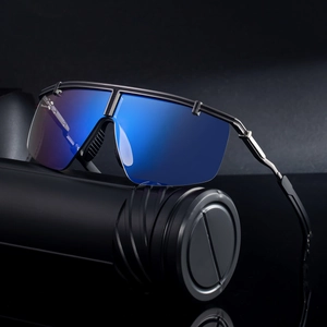 2025 sporty oversized cycling sunglasses with blue lenses and black frame on studio stand