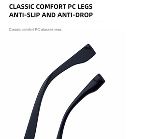 Detail of glossy PC temples featuring non-slip ergonomic curves for comfortable wear