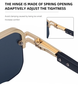 Detail of premium golden spring hinges on retro half-frame sunglasses for flexible fit