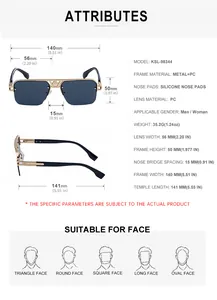 Detailed size chart for retro semi-rimless sunglasses showing frame dimensions and materials