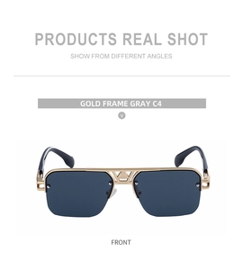 Front view of semi-rimless aviator sunglasses with gold frames and gray lenses