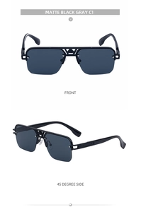 Detail of matte black semi-rimless sunglasses with geometric bridge and grey lenses