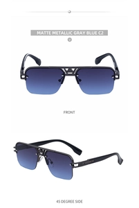Front and side view of matte metallic gray blue semi-rimless retro sunglasses