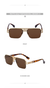 Macro detail of matte gold frame and tortoiseshell tips on half-rim sunglasses