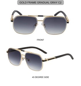 Front and 45-degree side view of pilot sunglasses with wood grain temples and screw detail