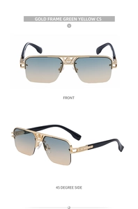 Close-up of semi-rimless gold metal frame sunglasses with green-yellow gradient lenses