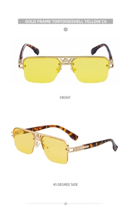Detailed front and side view of gold semi-rimless sunglasses with yellow lenses