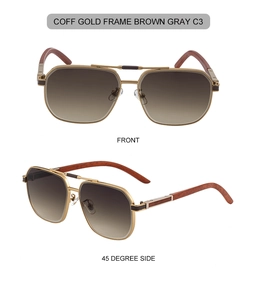 Detail of square pilot sunglasses with gold metal frame and wood texture temples