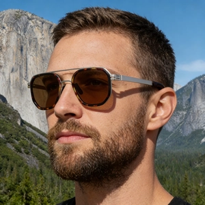 Detail of polarized sunglasses with double bridge and tortoiseshell frame on a male model