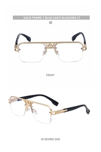 Detail view of gold half-rim glasses showing front and 45-degree side angles