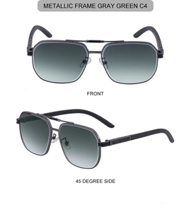 Front and 45-degree views of metallic square sunglasses with gray green gradient lenses