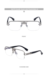 Front and side view of matte silver half-frame blue light blocking glasses with geometry