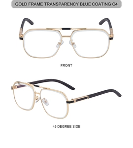 Front and side view of gold square aviator frames with blue light coating lenses