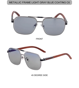 Detail of square metal sunglasses with reddish-brown wood grain temples and gray-blue lenses