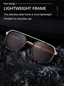 Detail of polarized sunglasses with silver double-bridge frame and tortoiseshell rims