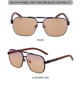 Front and side view of square sunglasses with wood grain temples and blue coating lenses