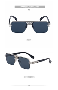 Front and 45-degree side views of matte silver gray semi-rimless square sunglasses