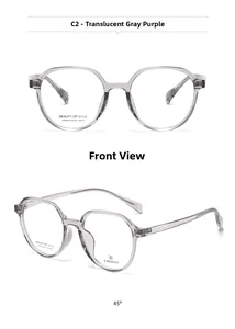 Macro view of transparent grey-purple square frame glasses with detailed AT68618 model code