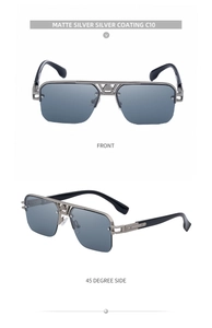 Front and 45-degree side views of matte silver half-frame square sunglasses with V-bridge