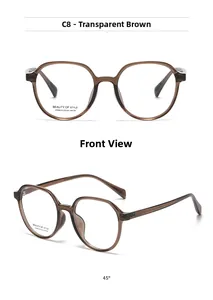 Detail view of transparent brown square frame glasses with polished temple finish