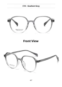 Front and 45-degree views of square gradient grey optical frames with transparent finish