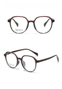 Close-up of square optical frames with red to grey gradient finish and metal hinge details