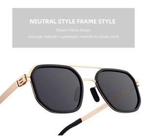 Close-up of polarized driving sunglasses showing double bridge and metal frame details