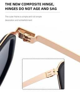 Detail view of durable composite hinges and gold metal temples on polarized sunglasses