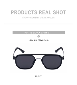 Detail view of Matte Black square polarized sunglasses with double bridge and gray lenses