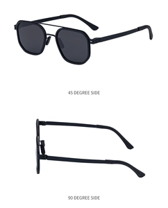 Detailed 45 and 90 degree side views of matte black double bridge square sunglasses