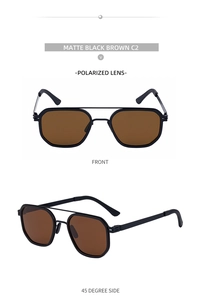 Detailed front and side views of matte black double bridge polarized square sunglasses
