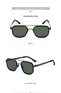 Detailed front and side views of black double-bridge polarized sunglasses with green lenses