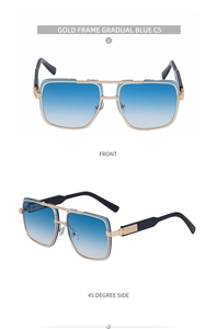 Front and side views of gold square metal sunglasses with blue gradient lenses