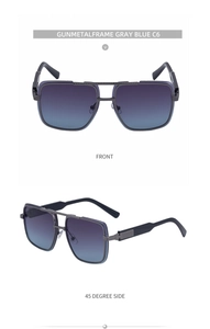 Macro detail of gunmetal double-bridge frame and textured temples on square sunglasses