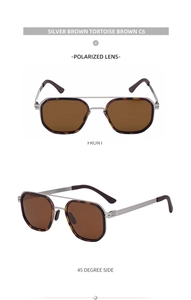 Front and 45-degree views of polarized pilot sunglasses with silver tortoise metal frames