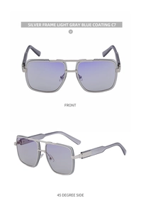 Detailed front and side views of silver double-bridge square sunglasses with blue lenses