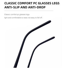 Detail of ergonomic black PC temple on square sunglasses for non-slip and light fit