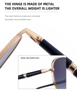 Detailed close-up of sturdy metal hinge and golden square frame sunglasses
