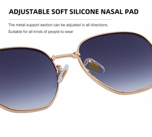 Macro view of adjustable silicone nose pads and rose gold frame of square sunglasses