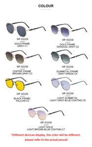 Detailed catalog of metal square sunglasses WF-5G258 in seven classic color combinations